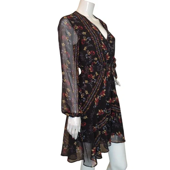 Guess Black Floral Faux Wrap Long Sleeve Mini Dress (no belt) - Picture 5 of 16